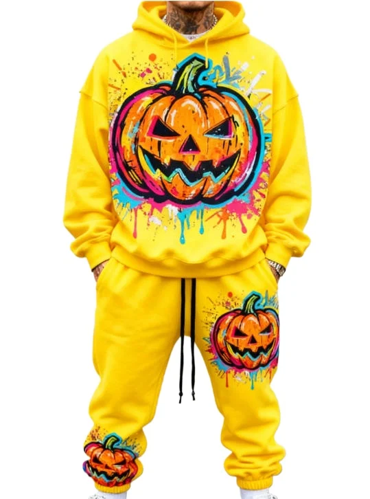 Men's and Women's Pumpkin Pattern Hoodies and Pants Sports Comfort Set
