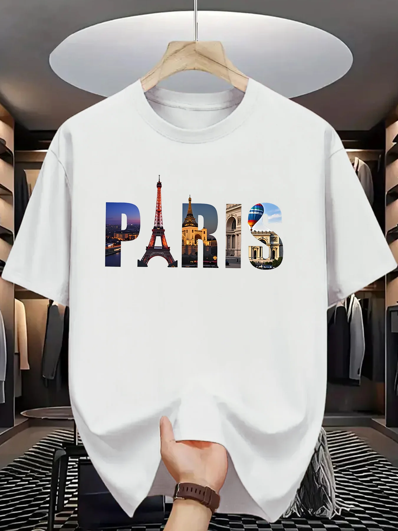 Paris Cityscape Photo Fill Letter Print on Premium Soft 100% Cotton Mens T shirt Perfect for Summer Casual Urban Style