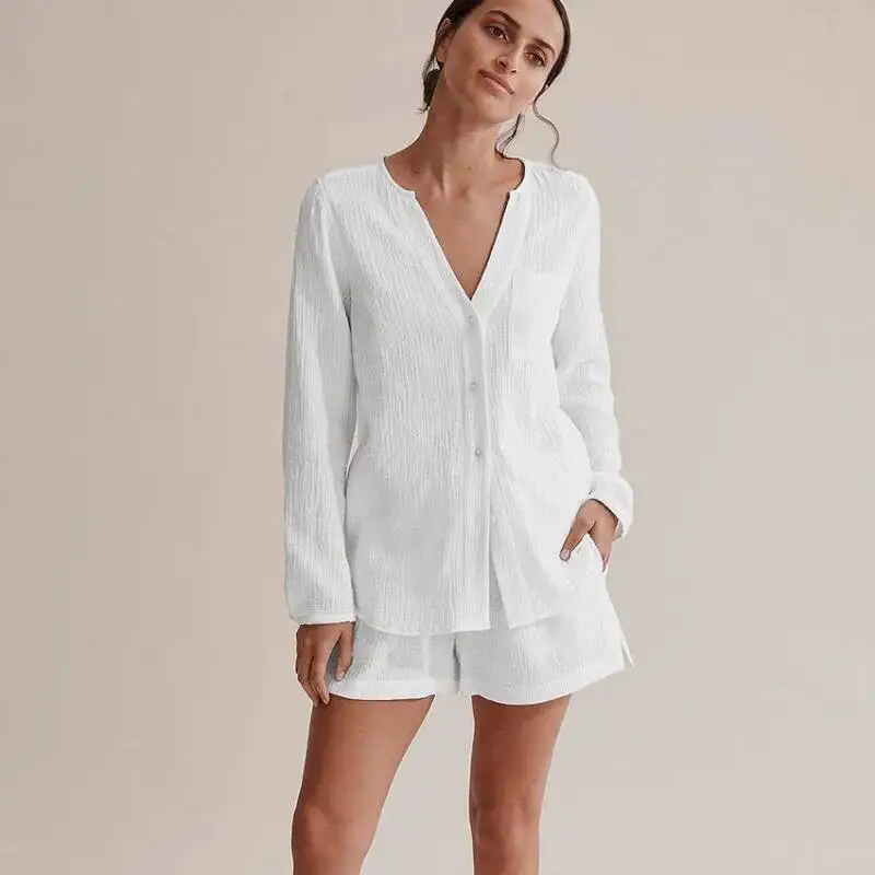 

2024 Newly 100% Cotton Gauze Muslin Sets For Women 2 Pieces Button Up Long Sleeve Top + Shorts Set Elegant Suit