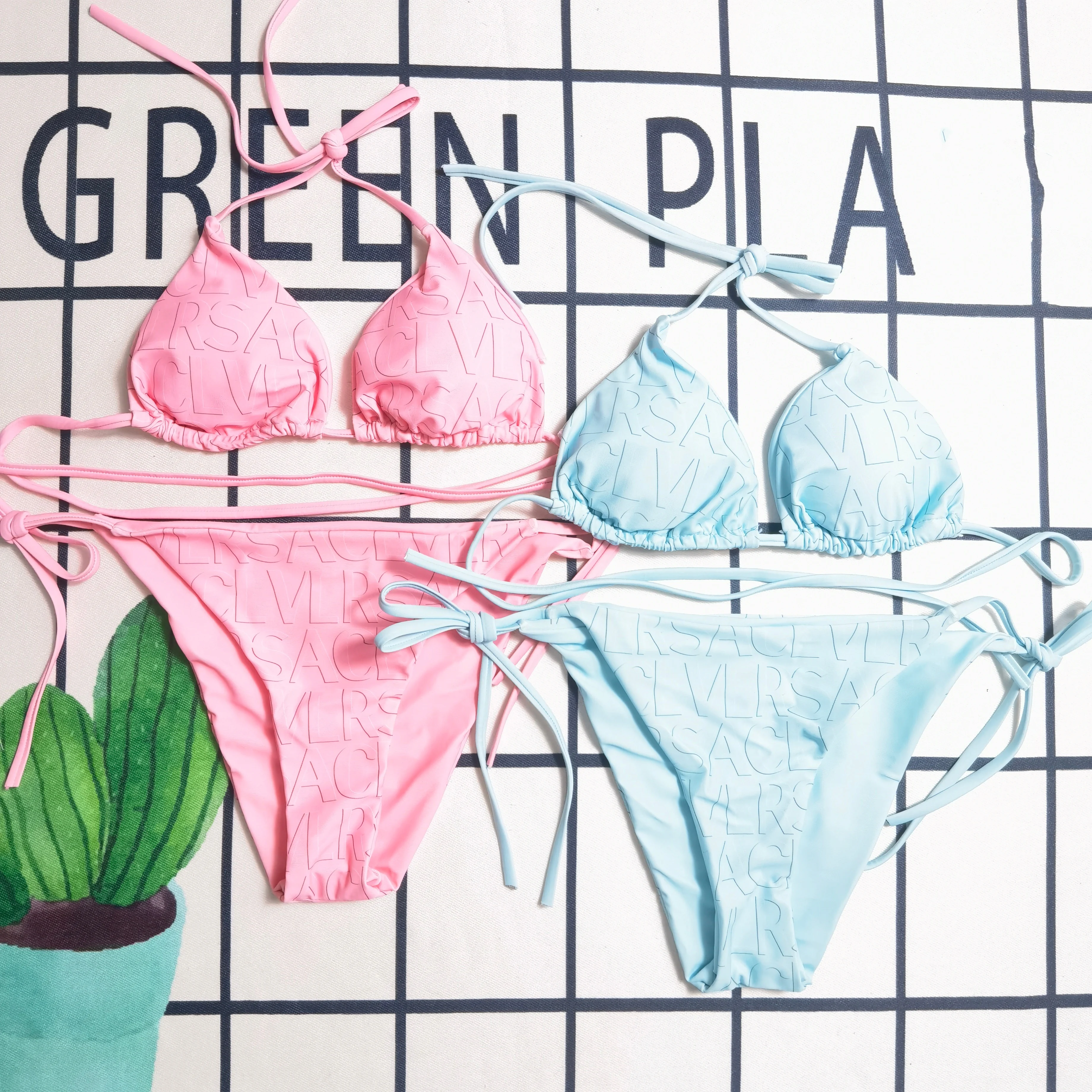 Women Embossed Letter Print Halter Bikini 2Pcs Set Tie Up Triangle Top + Side Tie Bottom Swimsuit Pink Blue Push Up Padded Swimw