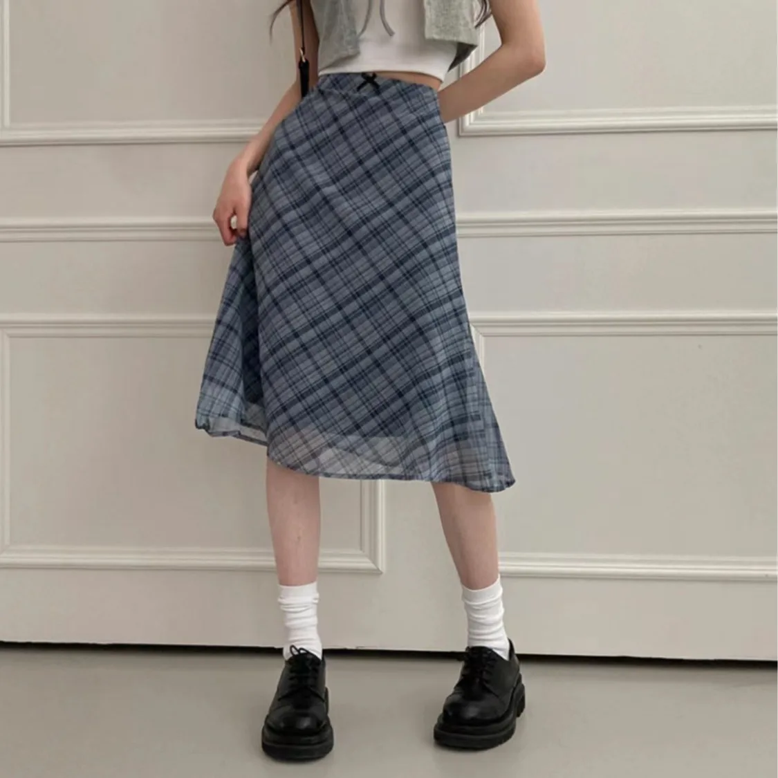 

Spring Summer New Vintage Plaid Half Skirt Women's mid Waist A-Line Midi Skirt Standard Fit Other Fabric Other Composition