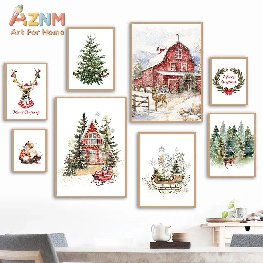 AZNM Frameless 2D Flat Watercolor Christmas Deer Red Barn Canvas Print, Reusable Rustic Winter Holiday Home Wall Art Decor
