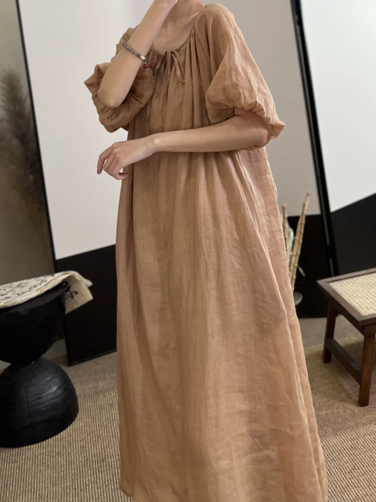 กระโปรงยาวทรงเข้ารูปผูกเอว รุ่น Ele Pure Color Bubble Sve Linen Dr Summer ไซส์พลัส สำหรับผู้หญิง แฟชั่นทันสมัย ทรงกลม ผูกเชือก