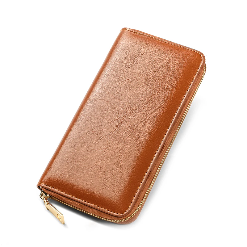 New Women's Long Leather Wallet Oil Wax Texture Attract Money Student Genuine Leather Handbag Men's Long Clip Wallet