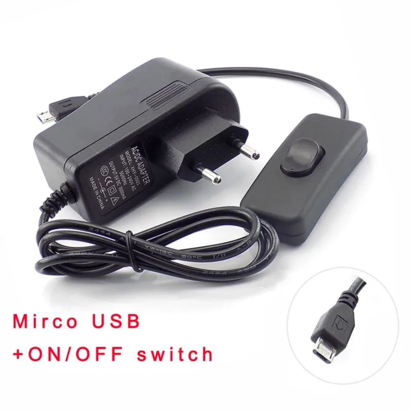 Micro USB AC to DC Power Adapter supply US EU Plug on/off switch 100V - 240V Converter charger DC 5V 3A 3000mA for Raspberry Pi