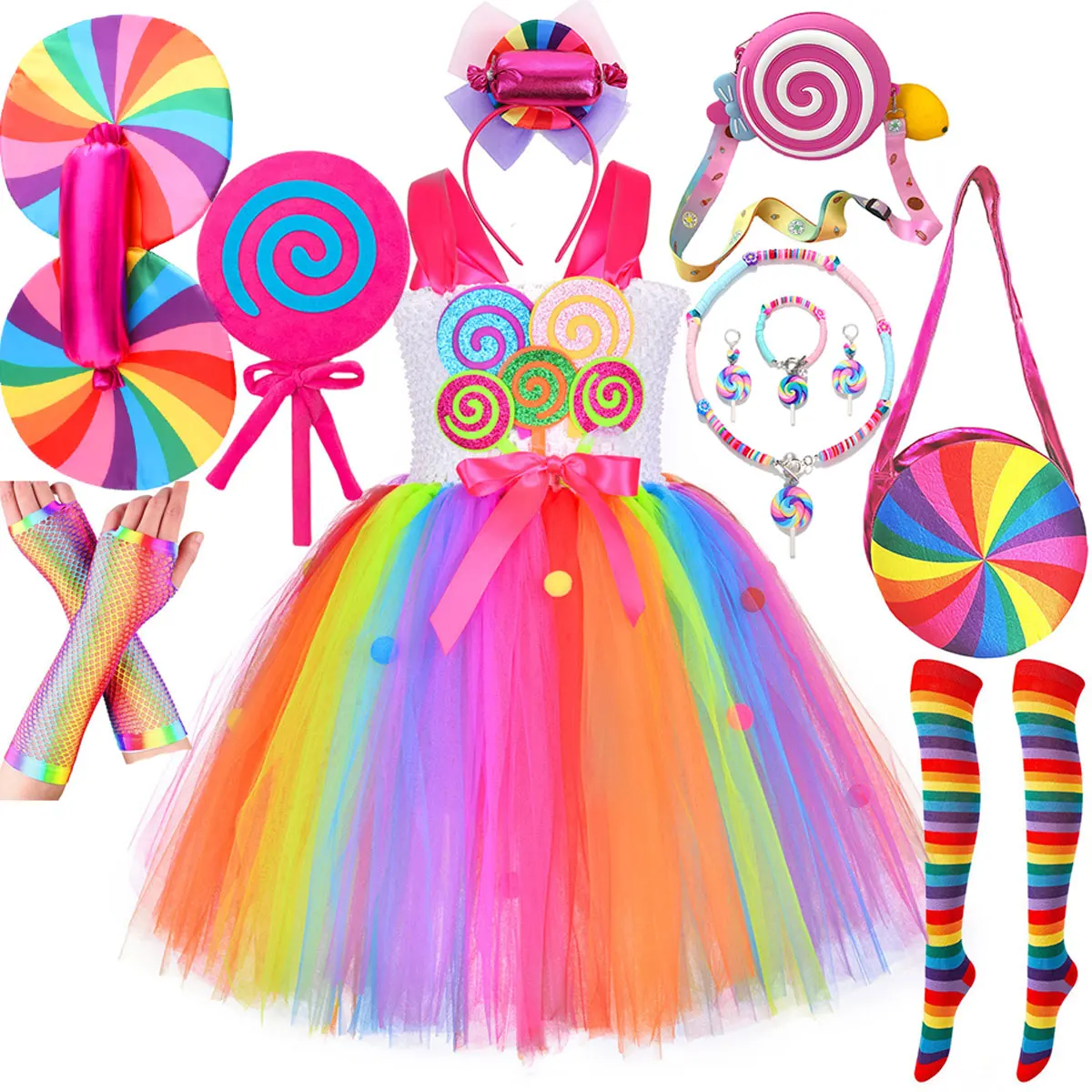2026 Purim Festival Regenbogen Tutu Niedliches süßes Lutscherkleid für Mädchen Festival Feier Kostüm Candy Design Mädchen Tutu Kleid
