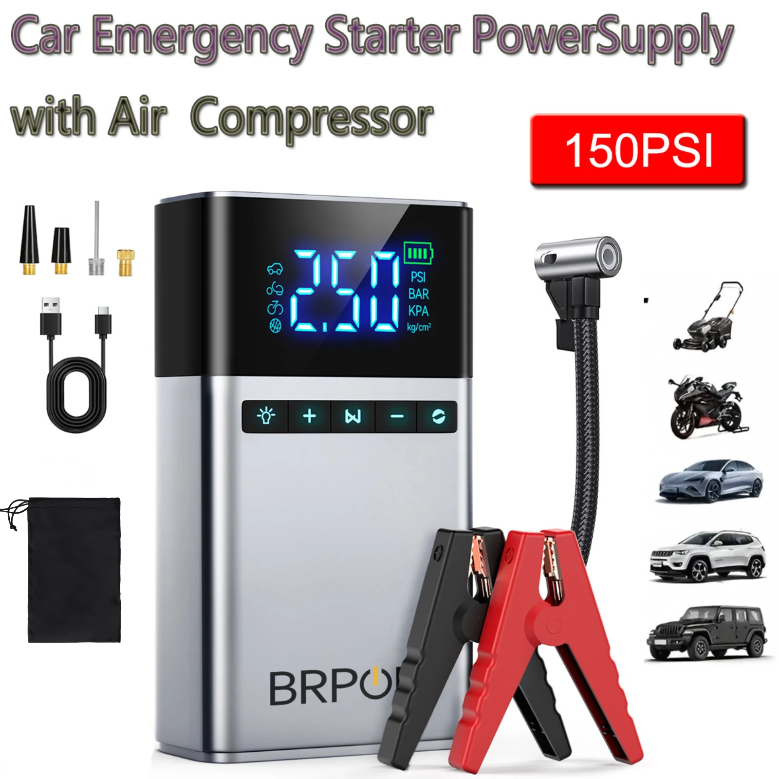 BRPOM Portable Car Starter with Air Compressor Tire Inflat Starter 8000mAh Car Battery Starter Box Car Battery Jumper Starter