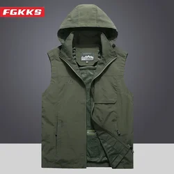 FGKKS 2024 Outdoor Casual Vest For Men Large Pocket Hooded Fashion Coat High Quality Design Streetwear Casual Vest For Men