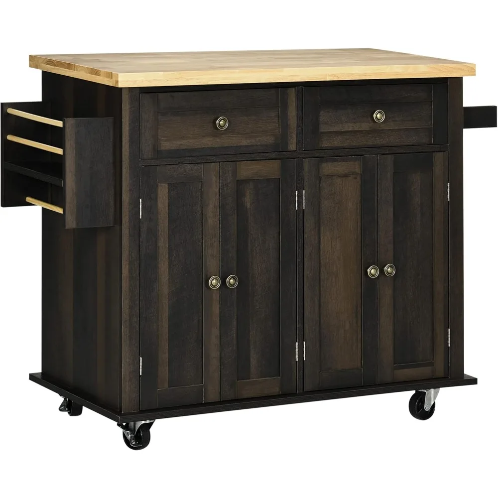 

Kitchen Island on Wheels, Rolling Cart with Rubberwood Top, Spice Rack, Towel Rack and Drawers for Dining Room, Brown Oak