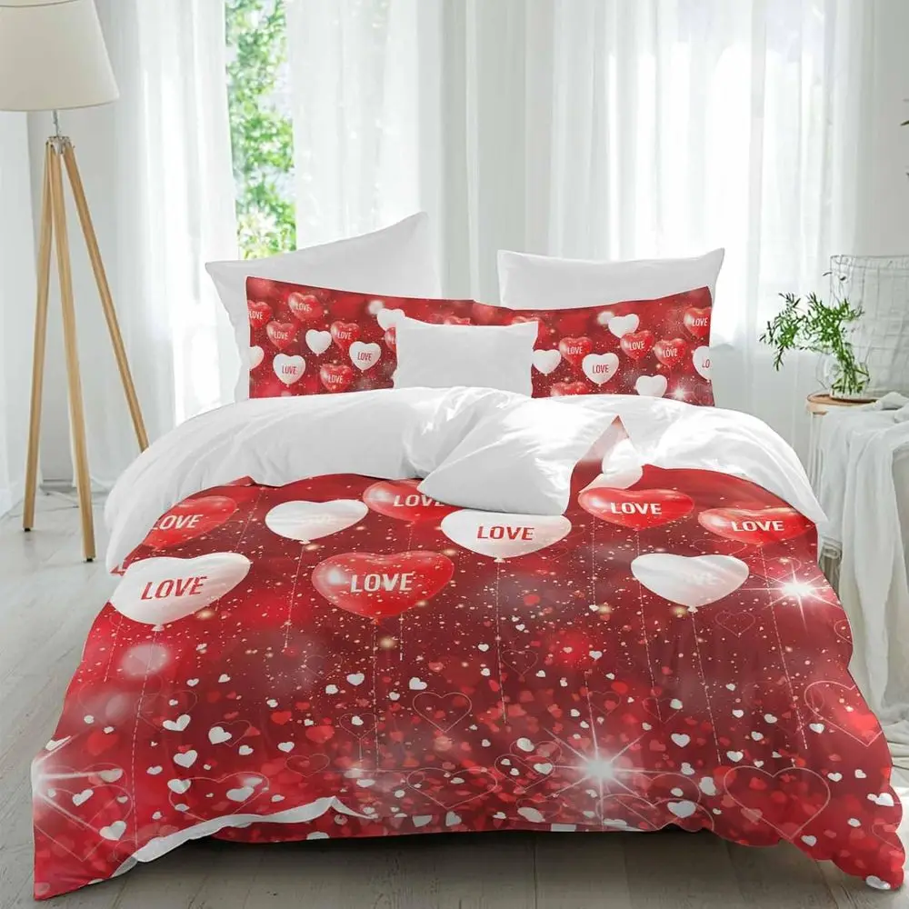 

Valentine's Day Sheet Set, sy Red White Love Heart Balloons Red Sparkle Glitter 4 Pieces Breathable Sot Duvet Cover Set Bedding