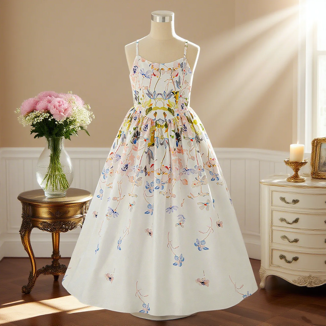 

655 Girls white suspender floral print dress elegant simple dress suitable for party dance piano girl birthday gift