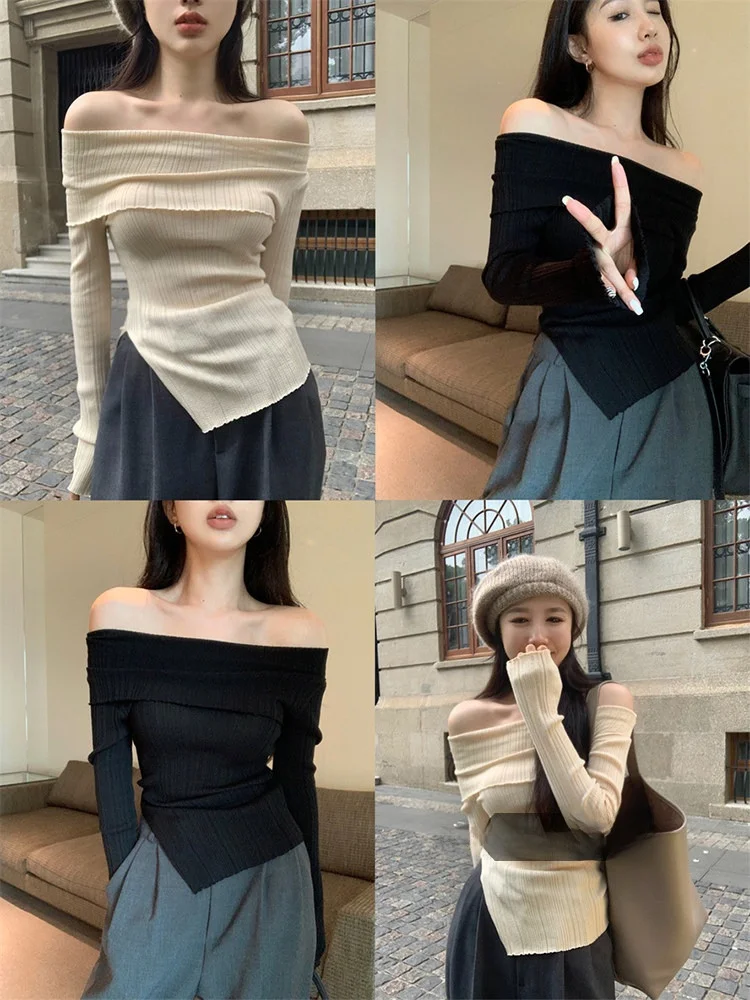 

Spicy Girl Long Sve Knitted Sweater Women's Winter oulder Exposure Design Thin Tight Fit Irregular Top Casual Sle