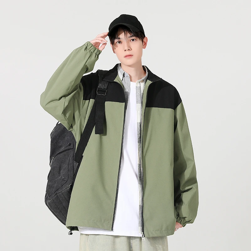 

New Men's Autumn Stand Up Collar Patchwork Casual American Trend Workwear Jacket, Sporty Couple Loose Windproof Jacket