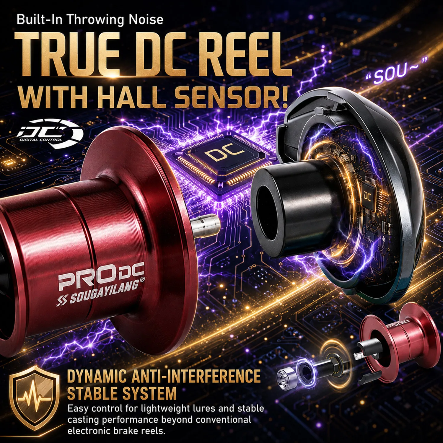 Sougayilang PRO DC Elektronische Baitcasting-Rolle Anti-Backlash 7.2:1 Übersetzungsverhältnis 7+1BB Carbon-Griff Salzwasser-Angelrolle – Detail 5