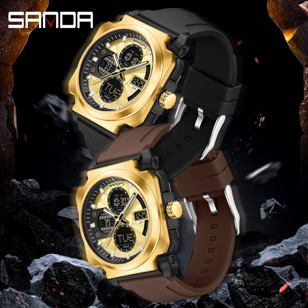 

SANDA 3377 Спортивные мужские электронные часы с двойным экраном Водонепроницаемые многофункциональные мужские электронные часы с ночником 2025