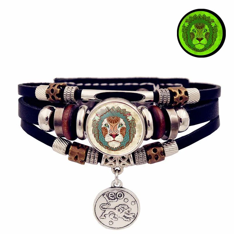 Retro Punk Leather Bracelet Glow Twelve Constellations Button Bracelet for Male and Female Students Couple Bracelet Jewelry