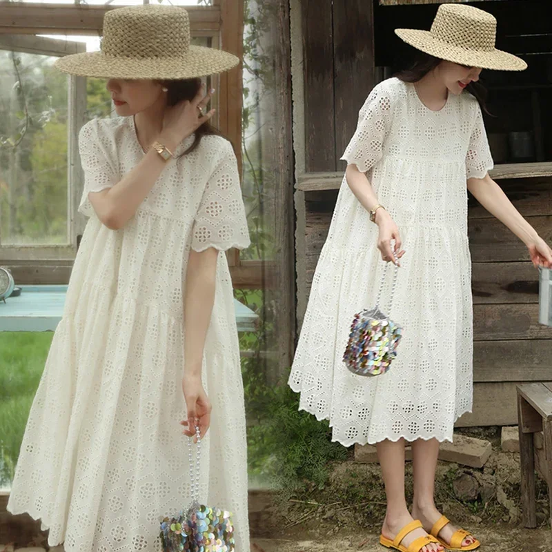 2024 Pregnant Woman Lace Dress Summer Short Sleeve O-Neck Hollow Out Maternity Cotton Dress Sweet Long Loose Princess Clothes