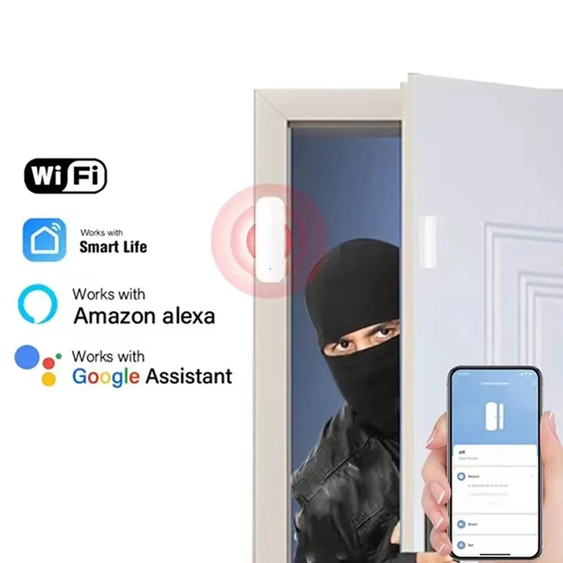Smart Life App WiFi-deursensor Raamsensor Open/dicht detector Beveiliging Alarmdetector Compatibel met Alexa