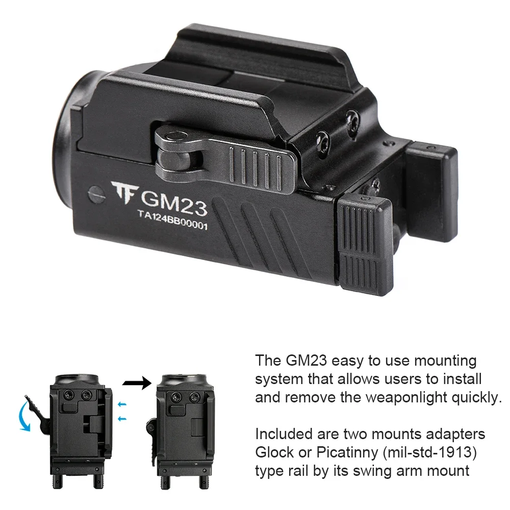 TrustFire GM23 Tactical LED Flashlights 800 Lumens Quick Release Glock Light 2 modes Rail Mounted Compact USB Rechargeable Torch