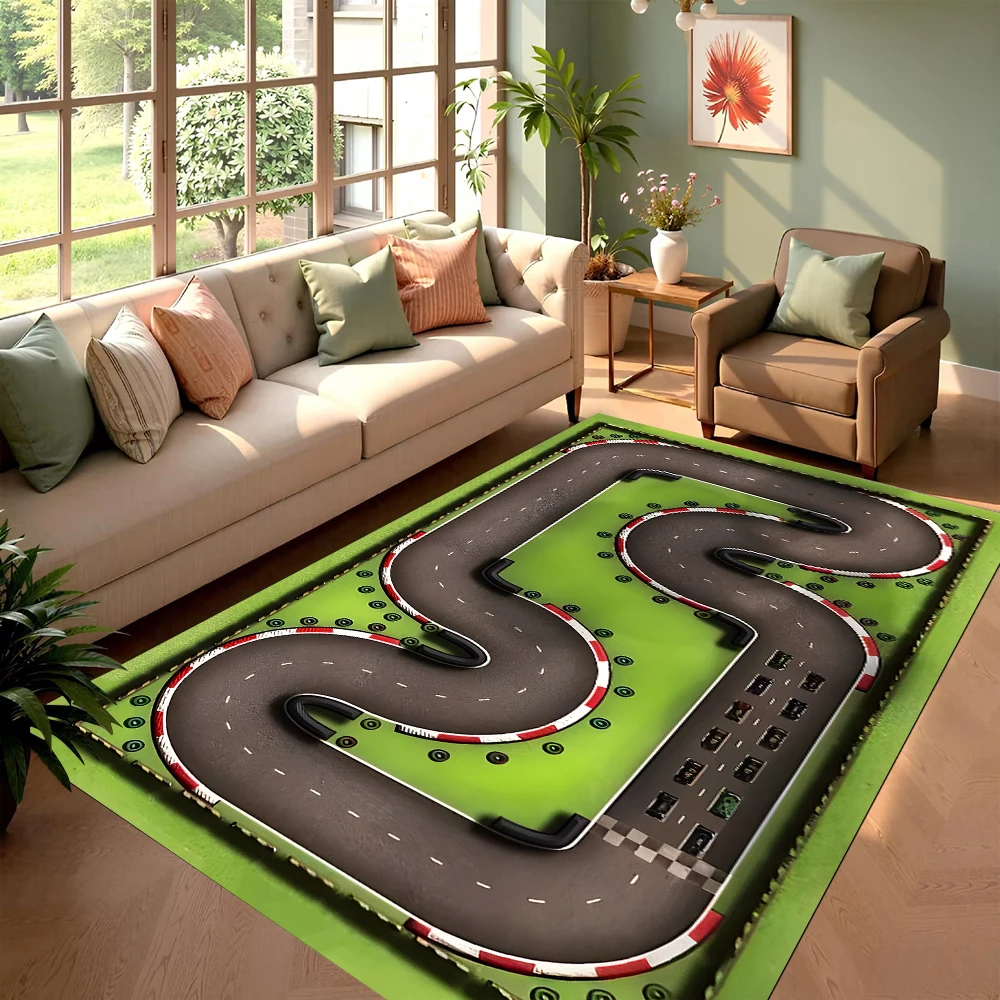 Race Track Cartoon Rug Fun Racing Style Decor Mat for Living Room Non-Slip Creative Carpet for Home Space