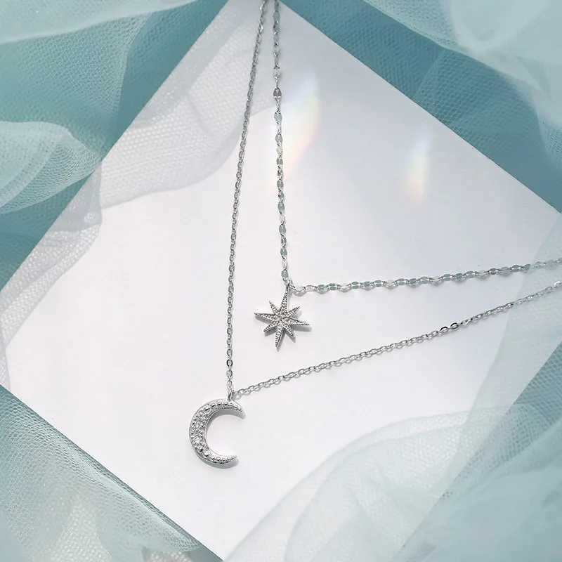 

925 Silver Necklace for Women Double Layer Zircon Star Moon Pendant Necklace Delicate Chain Charm Elegant Fashion Jewelry Gifts