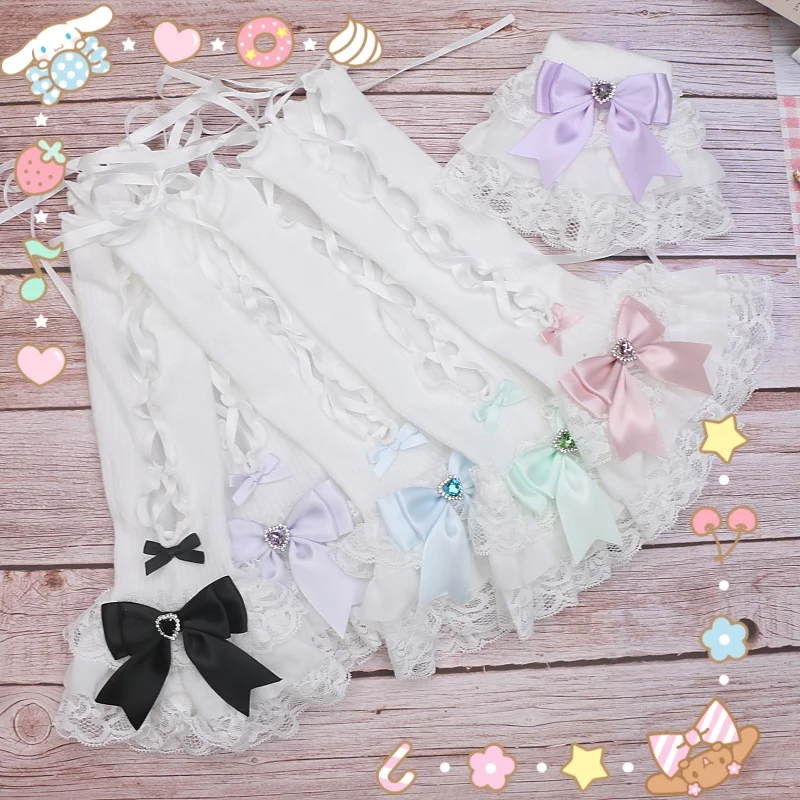 

Милые женские рукава ручной работы в стиле Лолиты с кружевным бантом и стразами, нарукавники для девочек в японском стиле, кружевные рукава, варежки с рукавами для женщин