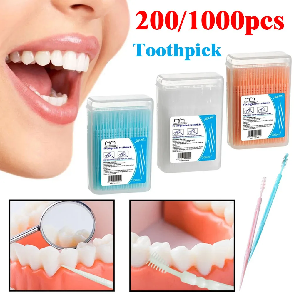 200/1000Pcs Plastic Toothpick Double-Headed Teeth Cleaning Oral Care Interdental Brush Toothpick Floss Disposable Teeth Hygiene