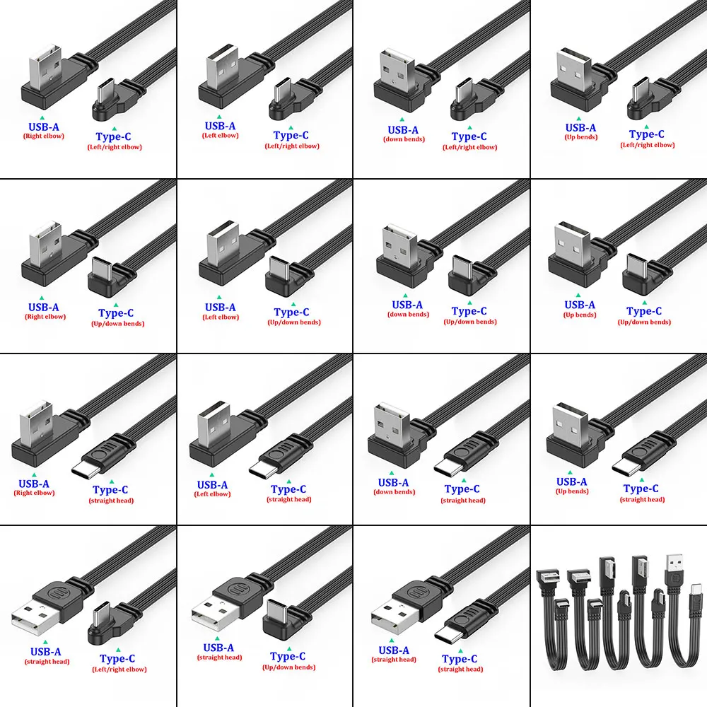 

1PC 10CM-100CM Flat Flexible straight&Up & Down & Left & Right Angled 90 Degree USB-A Male to Type C Male charging Cable