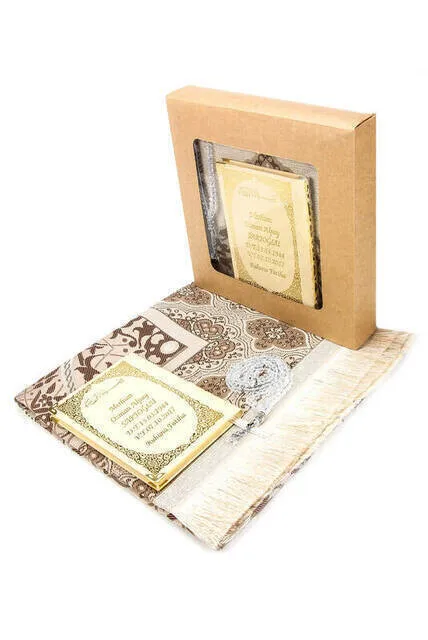 Name Printed Hardli Yasin Book - Seccadeli - Rosary - Boxed - Beige - Mevlit Gift Set