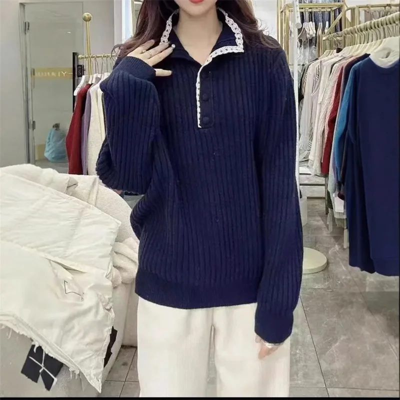 

Весенне-осенний женский модный свитер, куртка 2025 года, женский воротник-стойка, повседневное вязаное корейское женское пальто большого размера 4XL, полосатое вязаное пальто