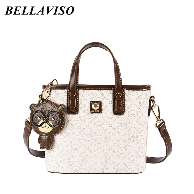 

BellaViso Fashion Women's PU Tote Crossbody Bag Female's Ins Trendy Portable Cartoon Bear Pattern Bucket Shoulder Bags BLCR-62