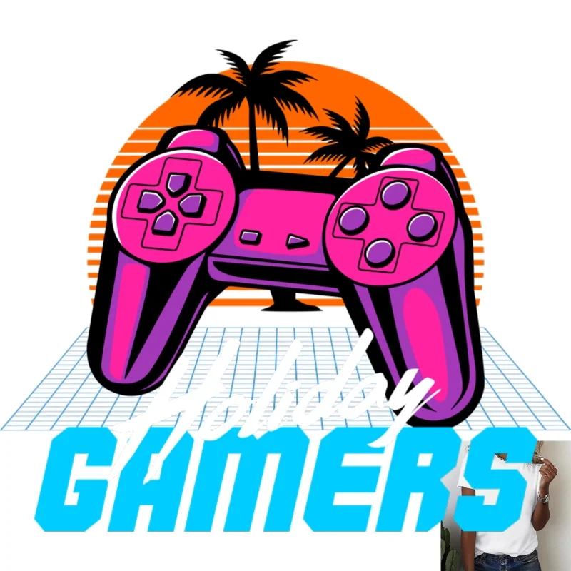 Retro Game Controller & Palm Tree Heat Transfer White Ink Iron - on Patch, Suitable for T - Shirts, Backpacks, Casual Vacation