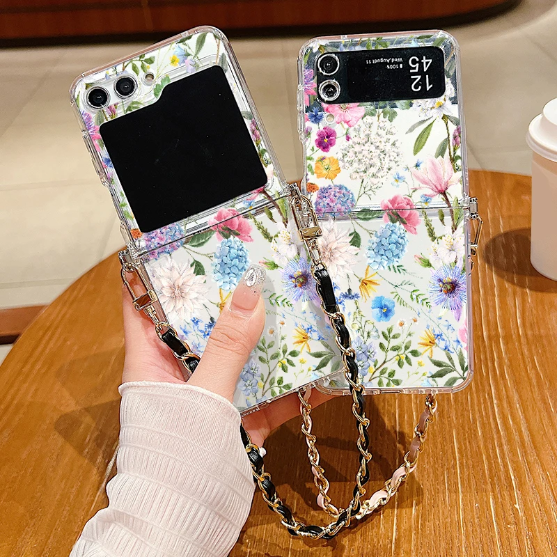 Hydrangea Print Metal Lanyard Phone Case For Samsung Galaxy Z Flip6 Flip5 Flip4 Flip3 Flip 3 4 5 6 Shockproof Clear Soft Cover