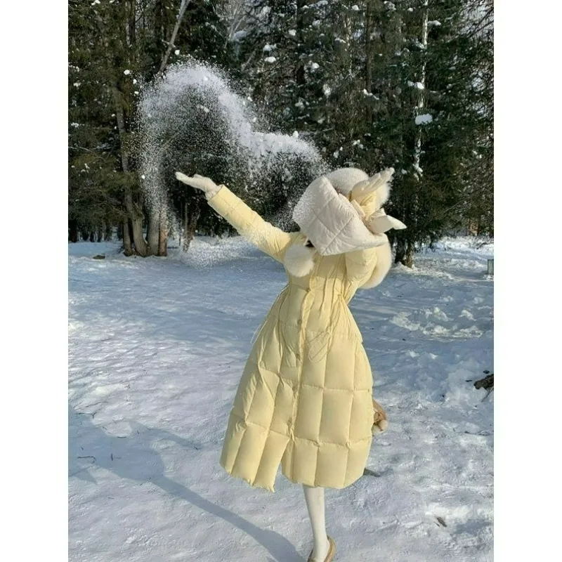 

Длинная милая пуховая хлопковая одежда с большим меховым воротником и капюшоном для женщин, зимняя новая теплая поясная и тонкая хлопковая одежда, модная