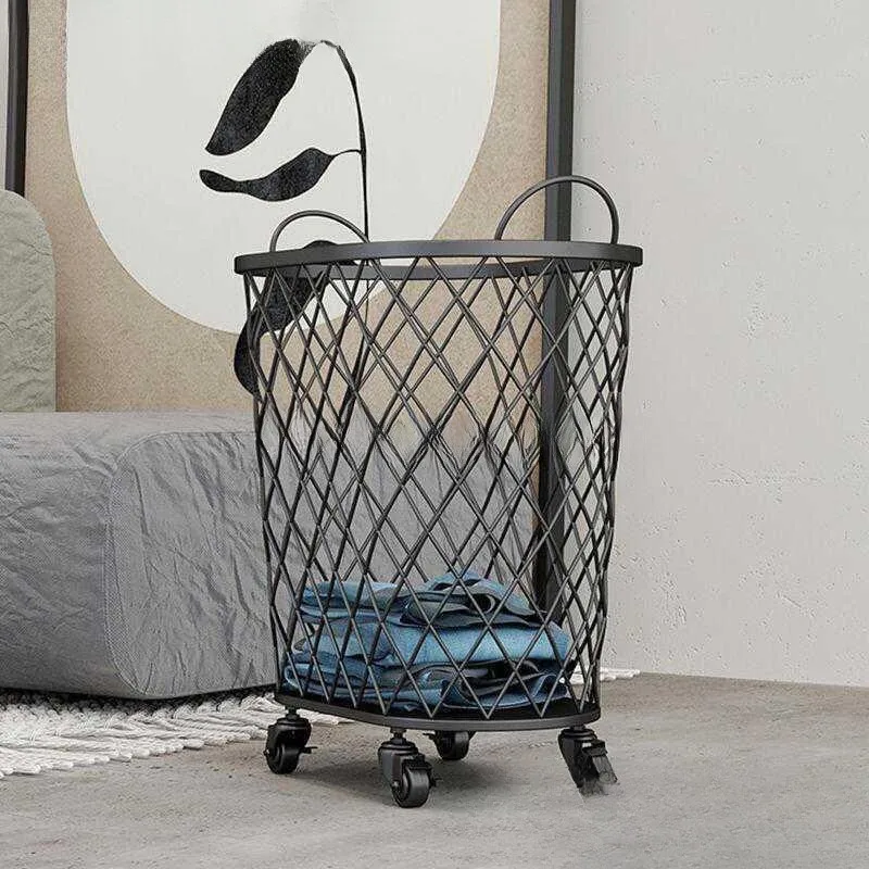 North Metal Gold Color Dirty Clothes Storage Basket, Handle Wheel Laundry Basket, Home Creative Organizer with Wheel, Dirty Clot