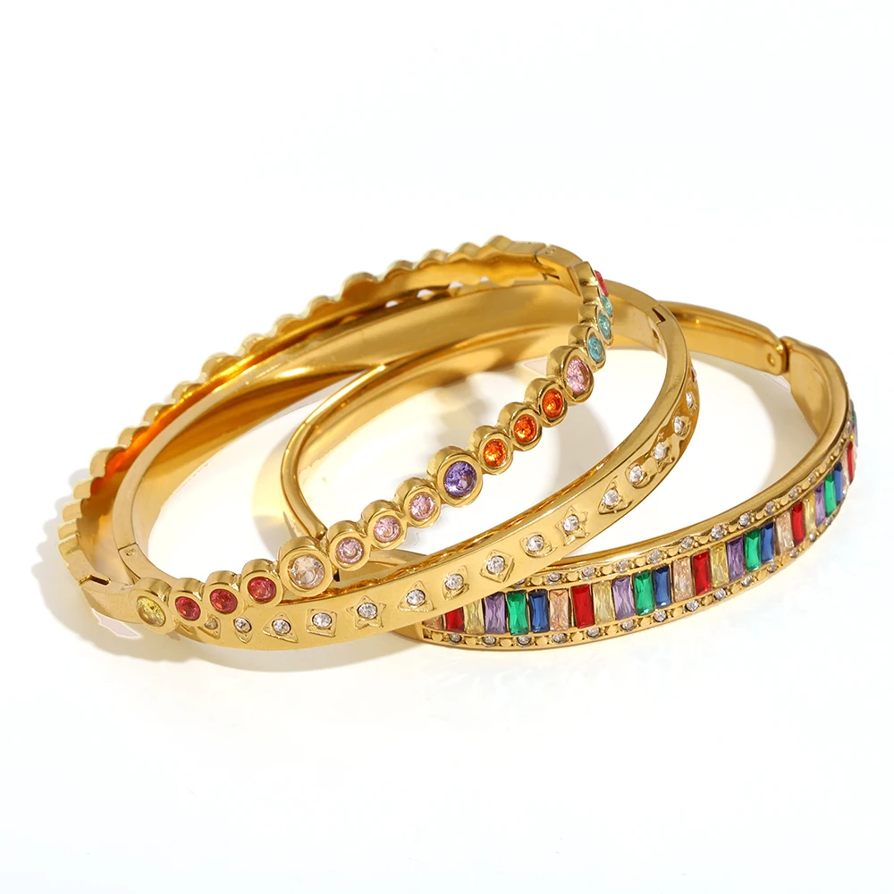 Bohemian Multi-Shape Cubic Zirconia Bangle Set Gold Plated Stainless Steel Colorful Stackable Jewelry For Women Daily Party