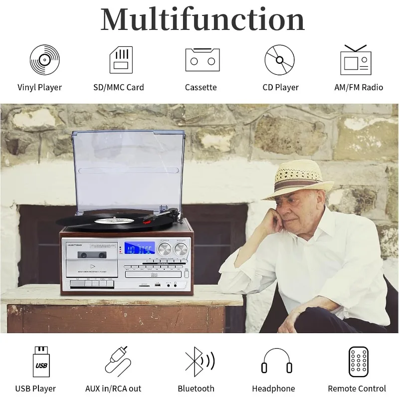 مشغل تسجيل 9 في 1 3 سرعات بلوتوث عتيق قرص دوار CD كاسيت فينيل AM/FM راديو USB/SD تشغيل Aux-in RCA Line-out