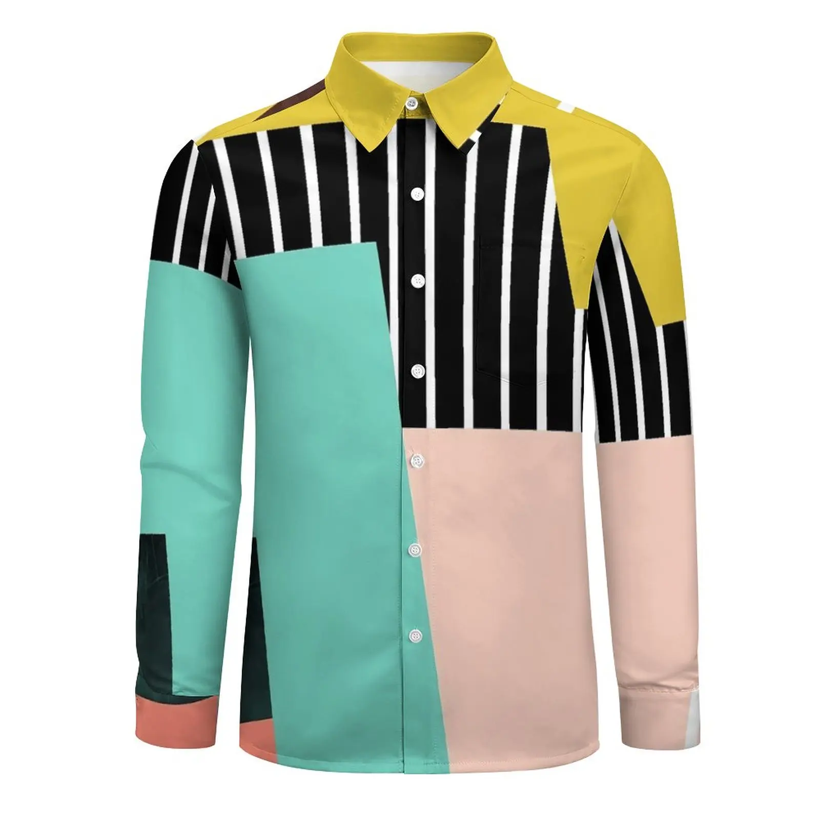 Abstract ColorBlock Shirt Male Stripes Print Casual Shirts Autumn Y2K Blouses Long Sleeve Novelty Oversized Tops Birthday Gift