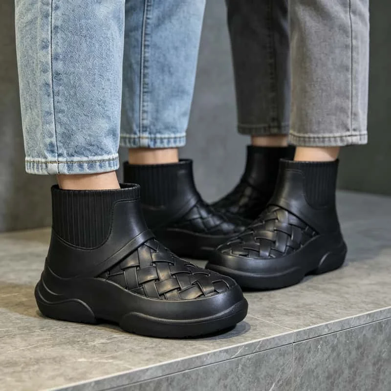 Couples Mid‑High Chef Work Boots Non‑slip Waterproof Oil Proof Stain Resistant Thick Sole Mid‑Calf Rain Shoes Unisex
