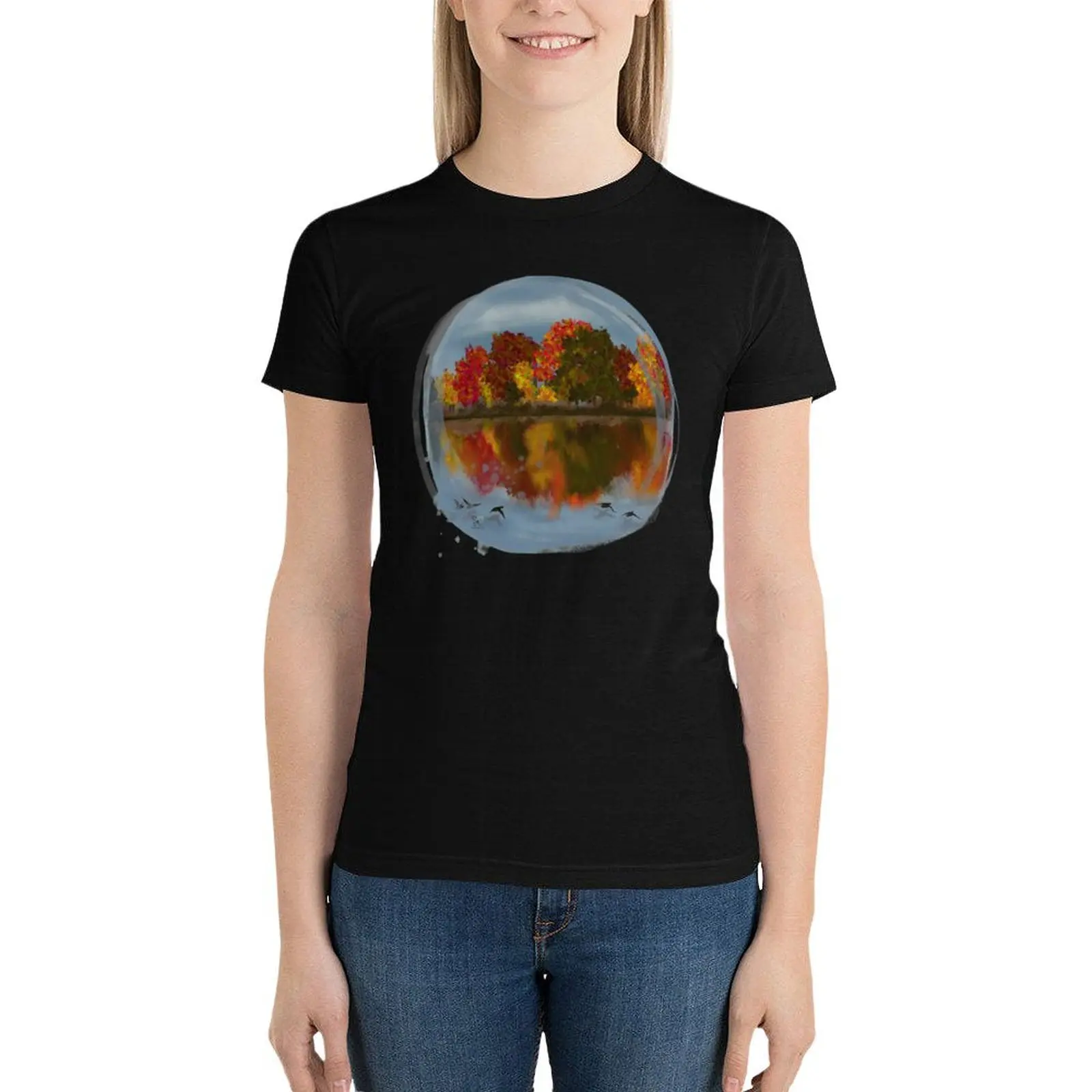 Autumn Days - Watching The Ducks Fly Over The Water - Original Art Painting T-Shirt hippie clothes tops Women clothing