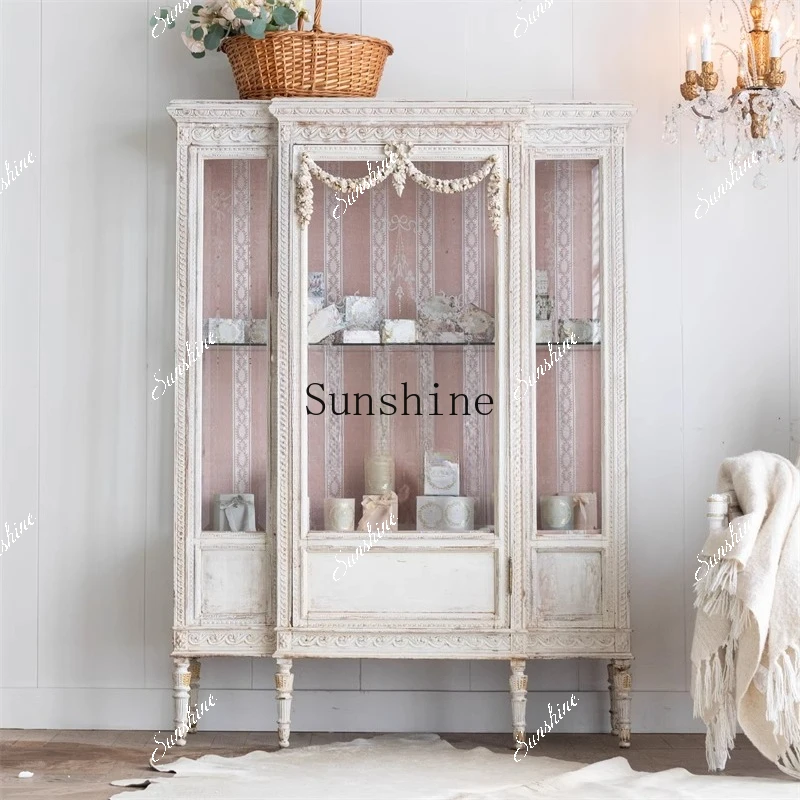 French retro old solid wood hand-carved princess glass cabinet display outlet  FT