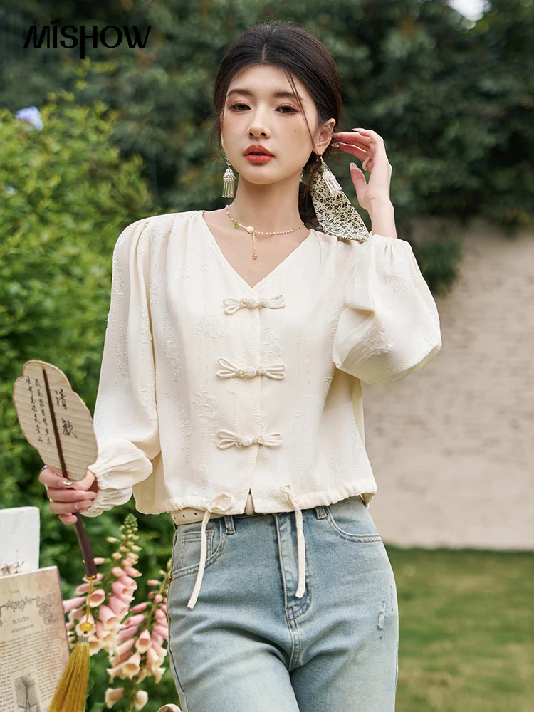 

MISHOW Chinese Button Up Single Row Shirt for Women 2024 Spring Jacquard Hem Drawstring Puff Sleeve Solid Loose Top MXD14X1386