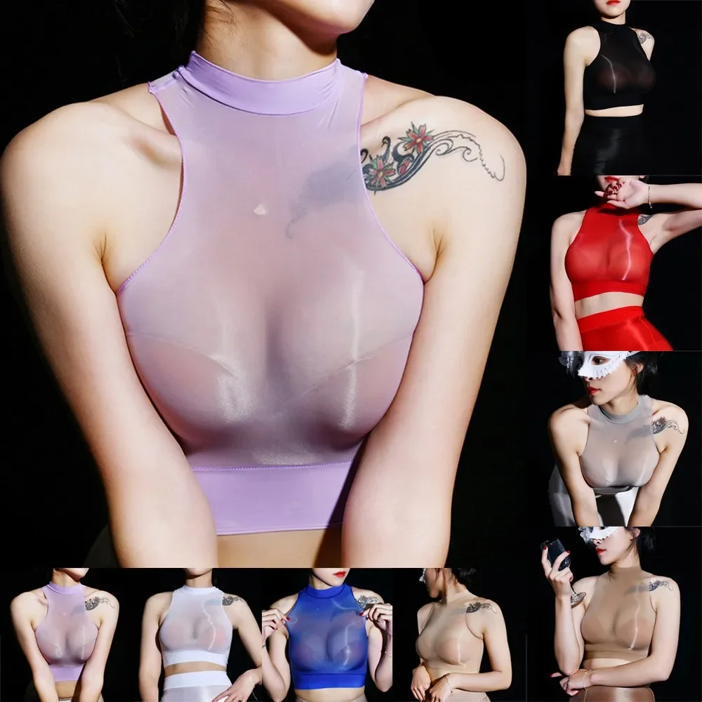 Tops transparentes brillantes y suaves para mujer, sujetador brillante a la moda, Top corto transpirable y cómodo con cuello Halter transparente