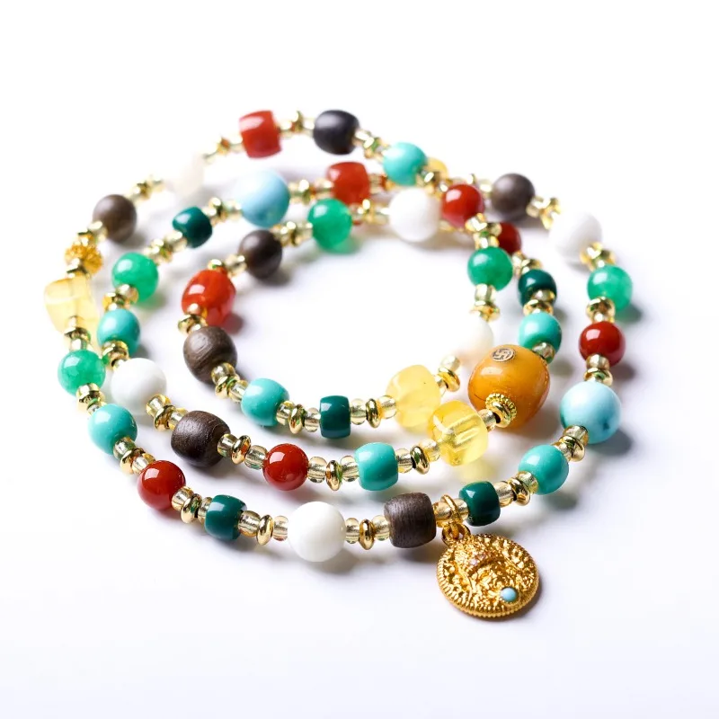 

Zakiram Copper Pendant Beeswax Ox Bone Swastika Agarwood Turquoise Agate Multi Treasure Bracelet Necklace Gifts