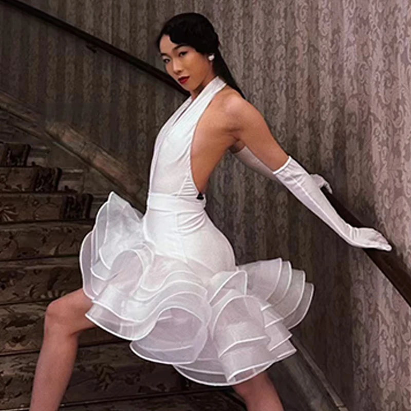 New Latin Dance Dress Women Halterneck White Dress Fluffy Skirt Cha Cha Rumba Performance Wear Latin Competition Dress DNV19030