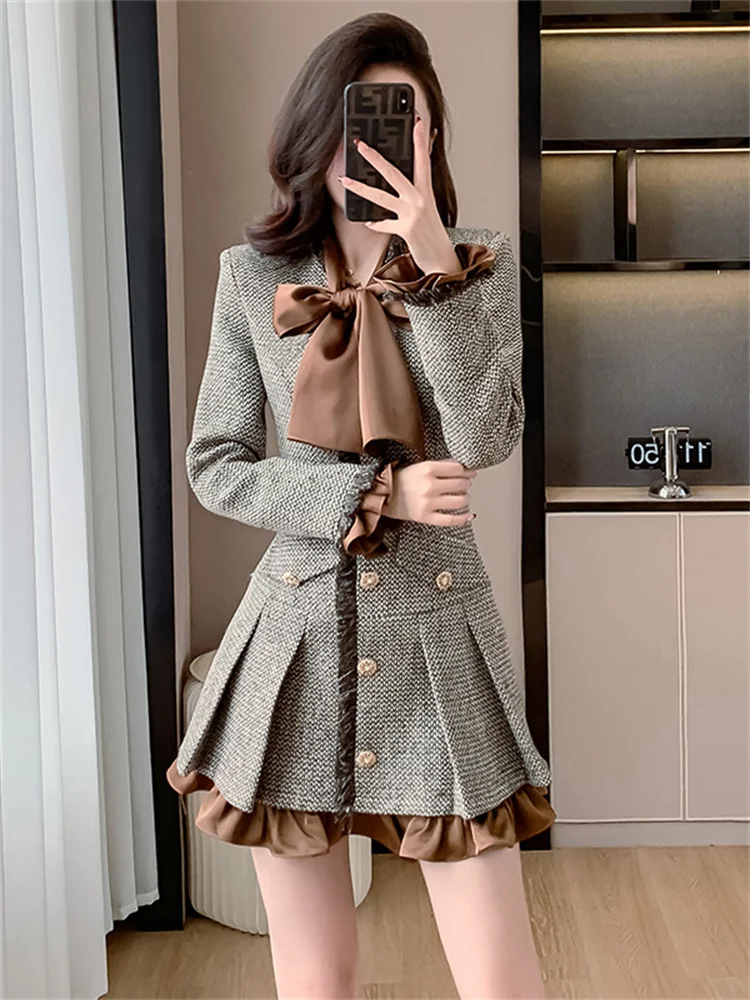 2024 Autumn Winter New Fashion Women Tweed Dress Long Sleeve Short Vestidos De Fiestas Elegante Mujer Robes Evening Party Dress