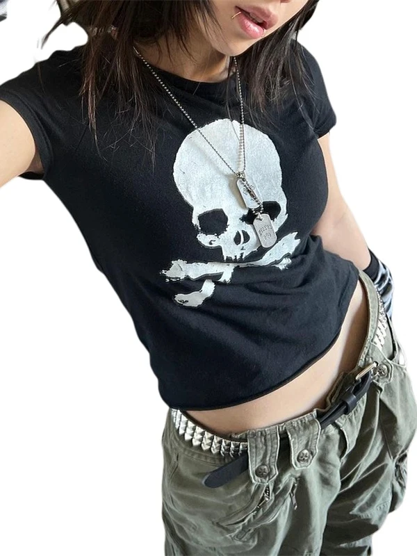 

Женская футболка с рисунком черепа Street Sle Slim Fit ort Sve round Ne Повседневный летний топ Fem Faion