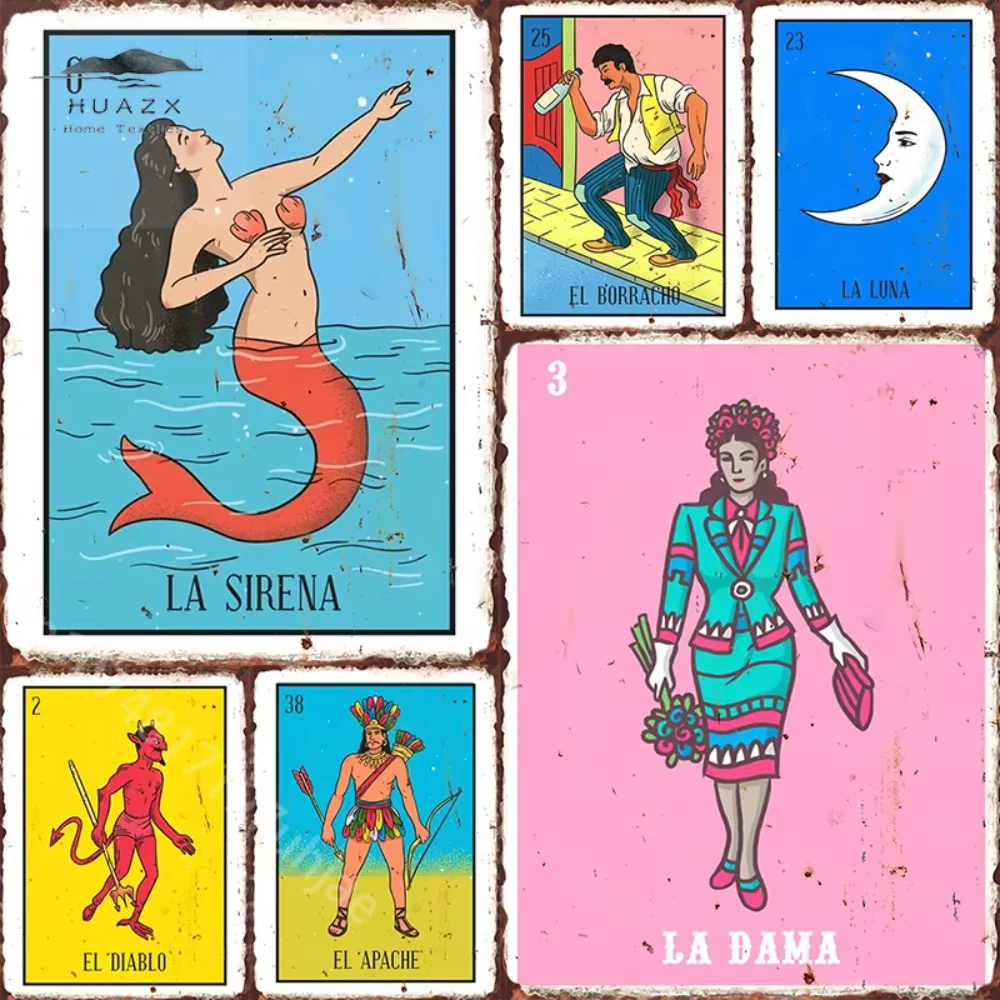 Vintage Mexican Loteria Tarot Metal Tin Sign Set Retro the Mermaid the Drunkard the Lady the Devil Wall Art for Home Bar Cafe Decor