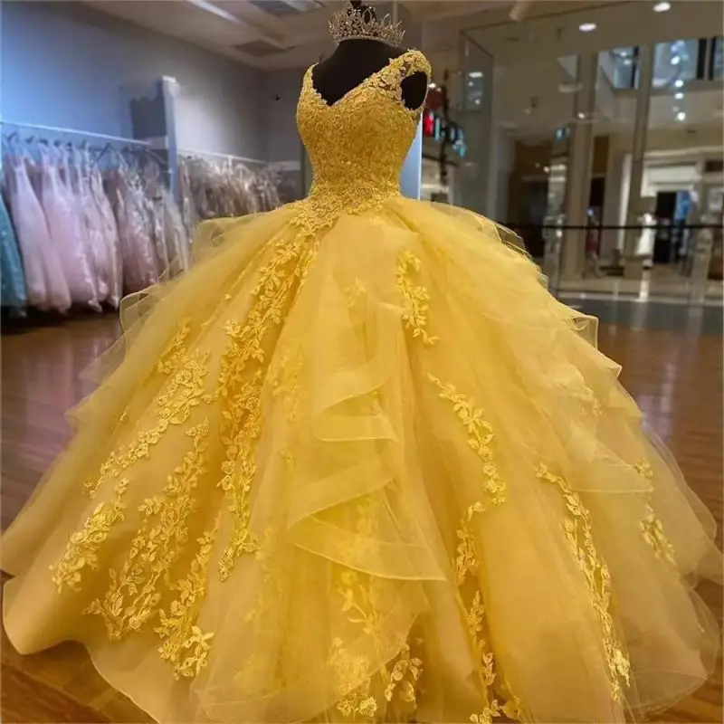 Shoulder V-neck Sleeveless Puffy Dress Embroidered With Colorful Yarn Evening Dress Princess Dress Dance Party Dress Customized
