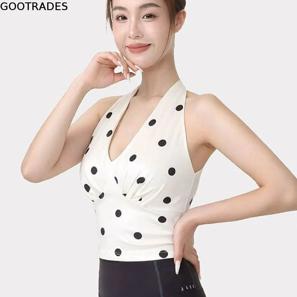 Y2K V-Neck Yoga Vest Plaid Backless Sports Bra Fixed Pad Slim Fit Push-Up Tank Top Running
